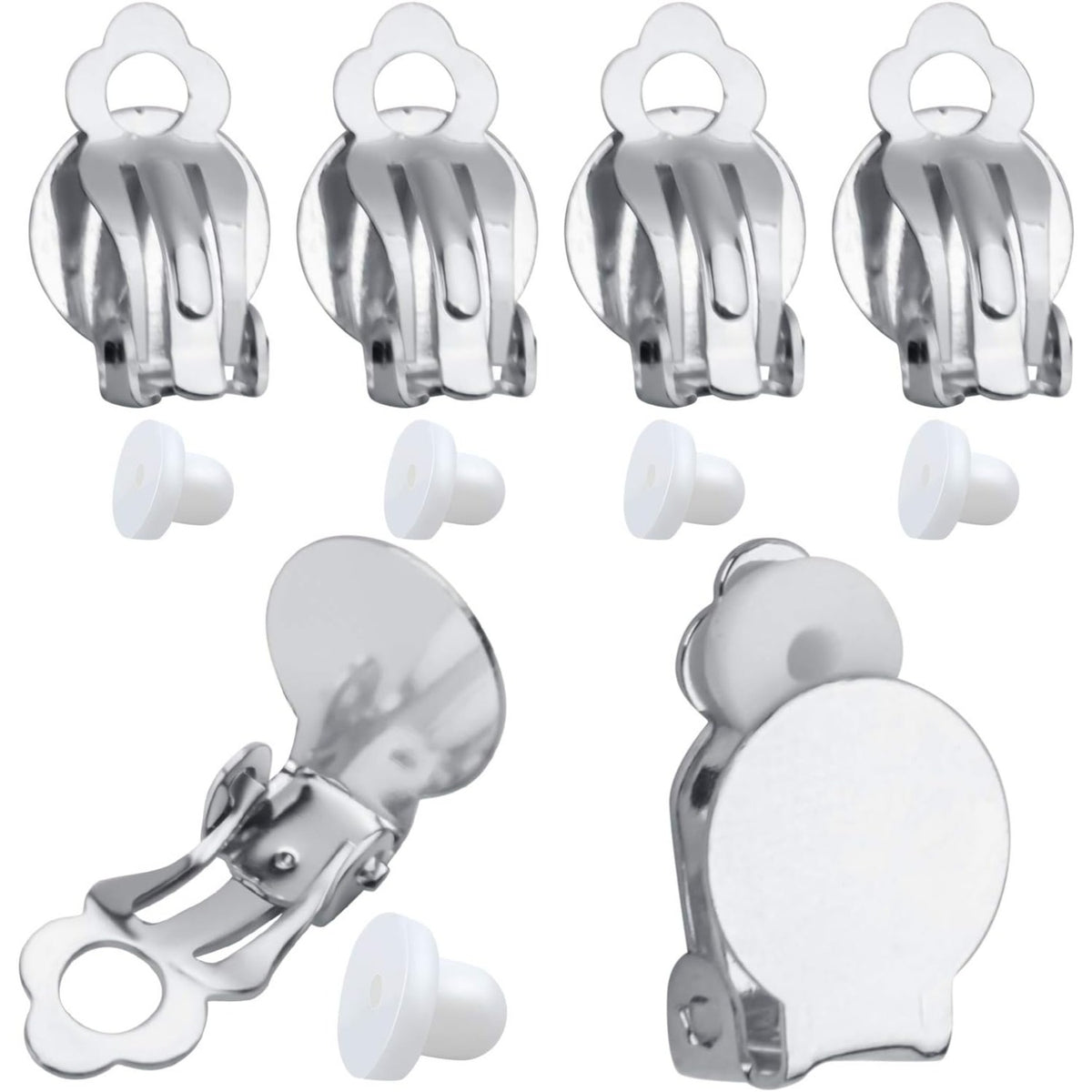 50pcs Round Flat Back Tray Earring Clips Non Pierced Earring Components and 50pcs Soft Cushion for DIY Earrings Jewelry Making,Silver
