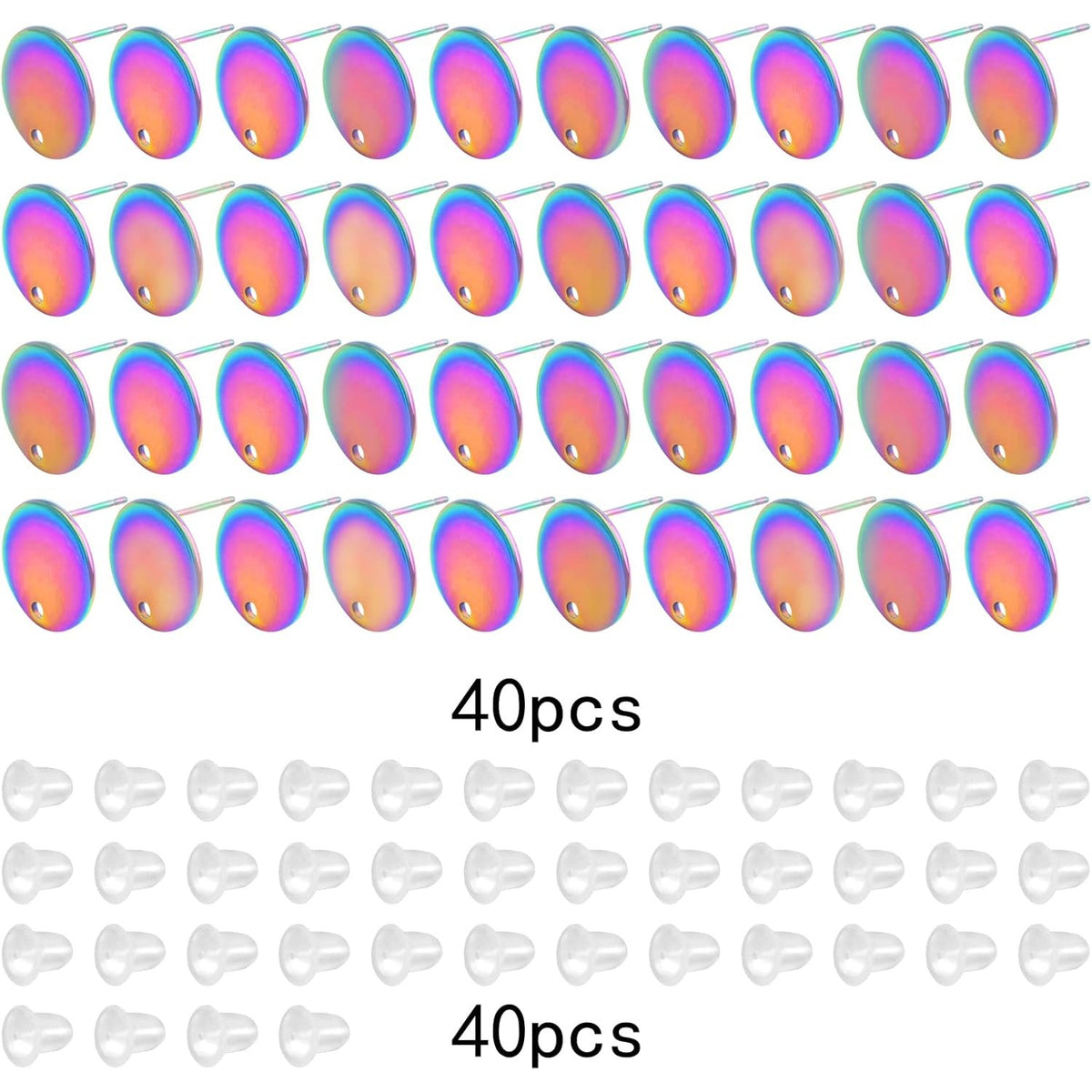 40pcs Stainless Steel Earring Posts with Loop Blank Round Stud Earring Findings and 40pcs Clear Earring Backs Stoppers for DIY Jewelry Making Supplies, Rainbow Color