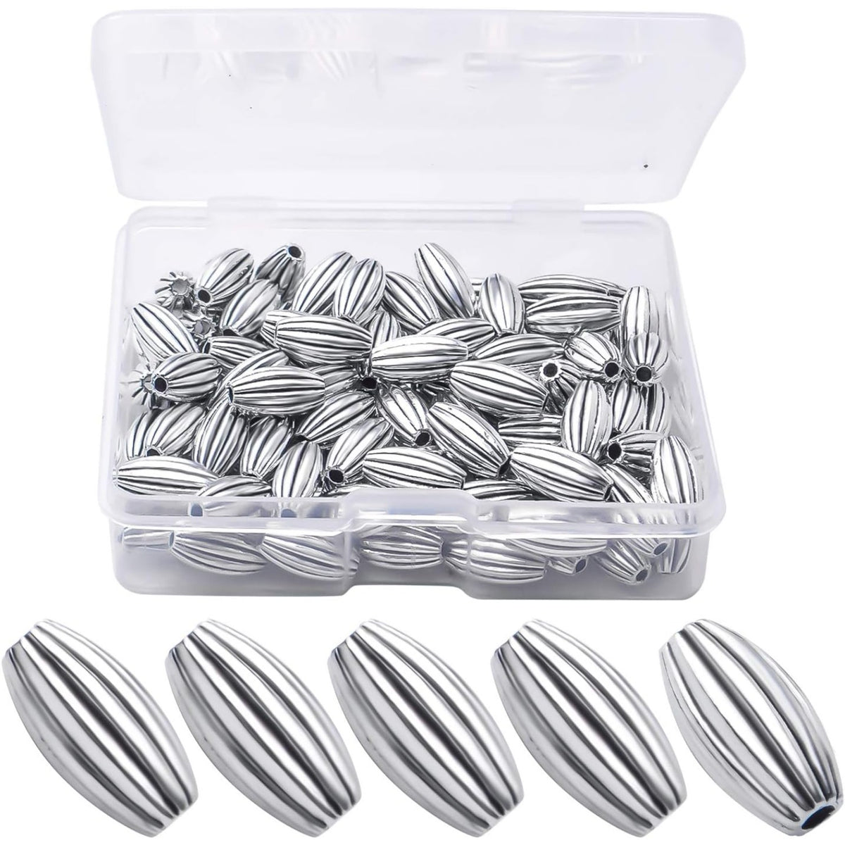 100pcs Antique Silver Oval Rice Shape Bead Spacers Tibetan Beads Jewelry Beads Spacer Bead Charms with A Box for DIY Bracelet Necklace Jewelry Making