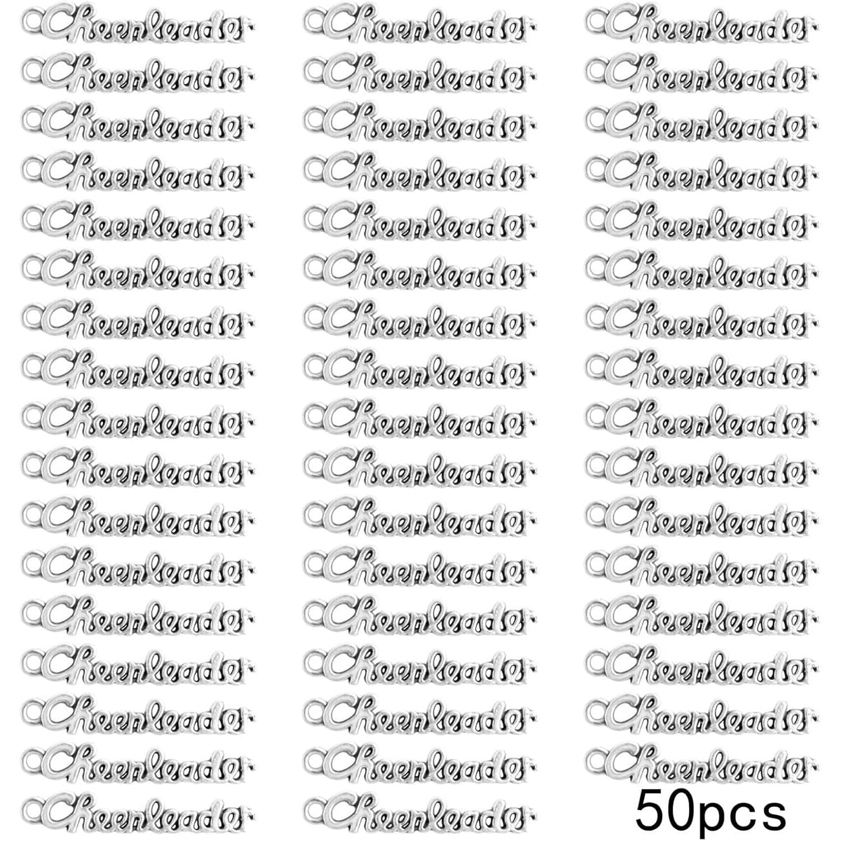50pcs Antique Silver Letter Cheerleader Charms Alloy Sports Cheerleader Charm Pendants Craft Supplies for DIY Necklace Bracelet Jewelry Making Findings Gifts