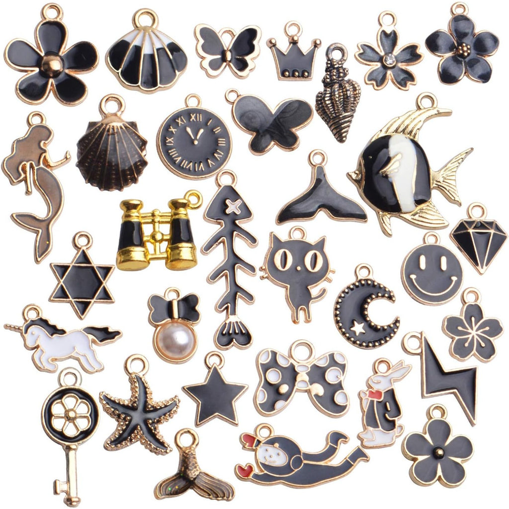 Black Enamel Charms,31pcs Gold Plated Enamel Charms Mixed Flower Star Cat Fish Pendants Jewelry Making Accessories for Necklace Bracelet Earrings