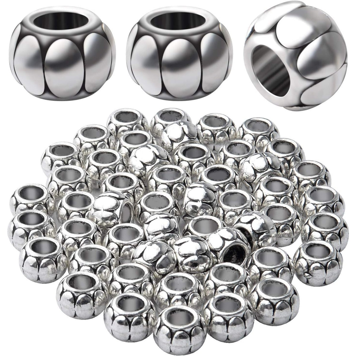 50pcs Antique Silver 5mm Large Hole Spacers Round Spacer Beads Alloy European Style Tube Beads Jewelry Spacer Charms for DIY Bracelet Jewelry Crafts Making