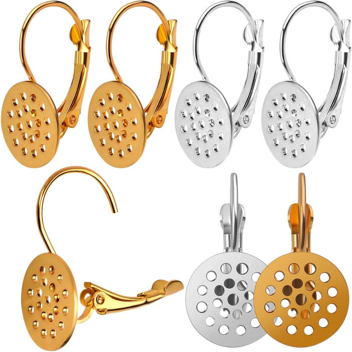 Lever Back Earring Components, 20pcs Brass Leverback Ear Wires Hook Clip Earring Findings with 12mm Round Mesh Pad for Earring Designs Jewelry Making