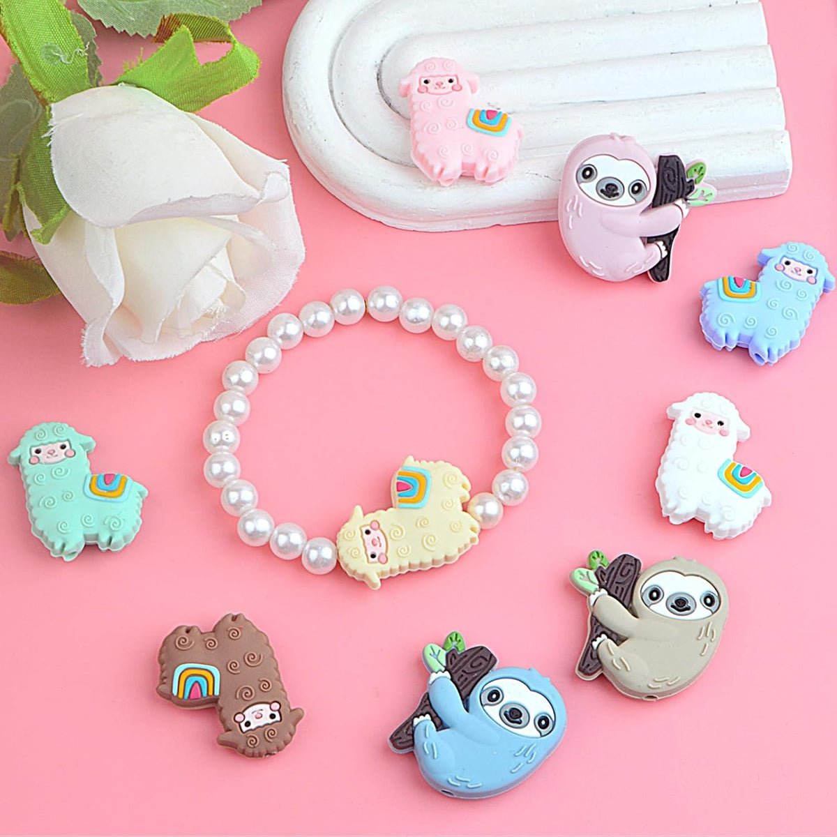 9pcs Animal Shape Silicone Focal Beads for Pen, Colorful Alpaca Sloth Cartoon Silicone Beads Character Rubber Beads Bulk for DIY Bracelet Keychains Jewelry Making Craft Projects