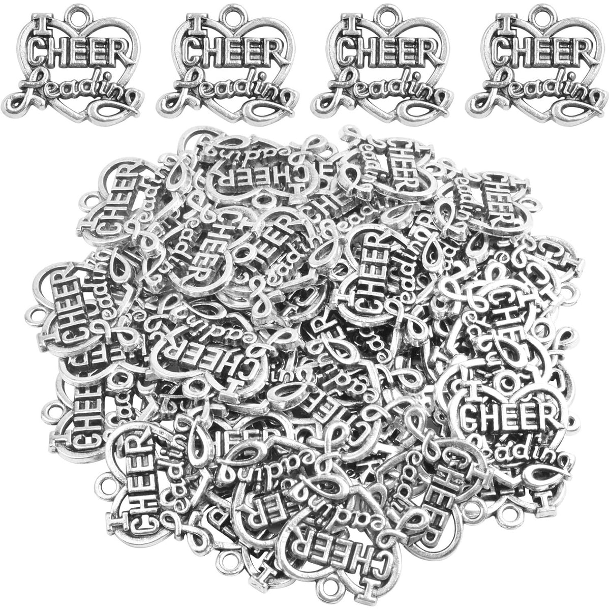 50pcs Antique Silver Heart Shape Cheerleading Charms Tibetan Alloy I Love Cheer Leading Pendants Craft Supplies for DIY Necklace Bracelet Jewelry Making Cheerleader Gifts