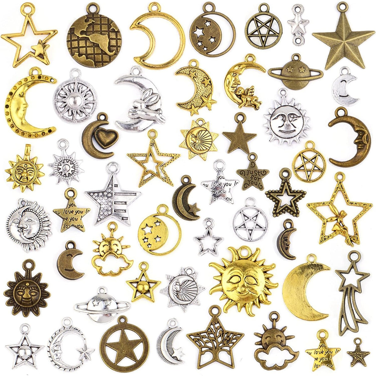 100 Gram Mixed Sun Moon Star Charms Celestial Pendants Alloy Sun Smile Pentagram Dangle Charms Collection for Necklace DIY Jewelry Making Crafting