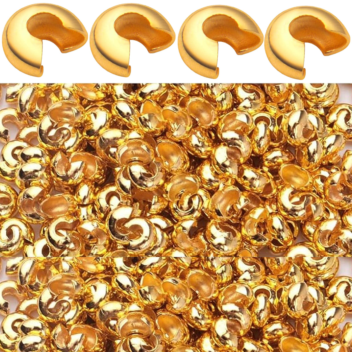 1200pcs 2mm Tube Crimp Beads and 3mm Crimp Bead Knot Covers Brass Cord End Tube Caps Half Round Open Crimp Beads for DIY Craft Necklace Bracelet Jewelry Making, 2 Colors