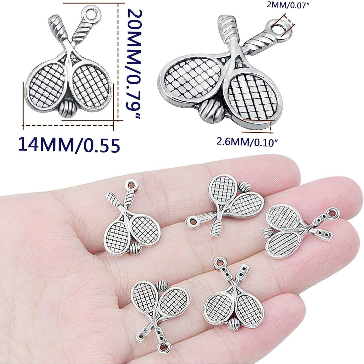 50pcs Antique Silver Tennis Racket Pendant Charms Tibetan Style Alloy Tennis Badminton Racket Pendants Accessories for DIY Bracelets Necklace Jewelry Craft Making
