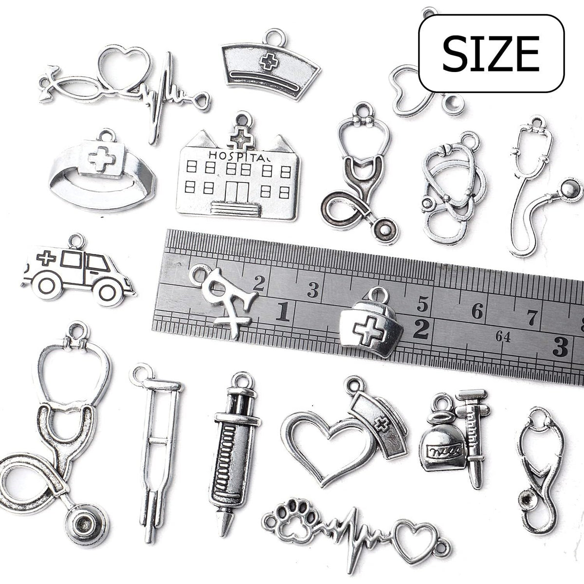 100g Crafts Supplies Antique Silver Medical Charms Alloy Hospital Charms Stethoscope Syringe Nurse Cap Hat Microscope Charm Pendants for Bracelet Necklace DIY Jewelry Making