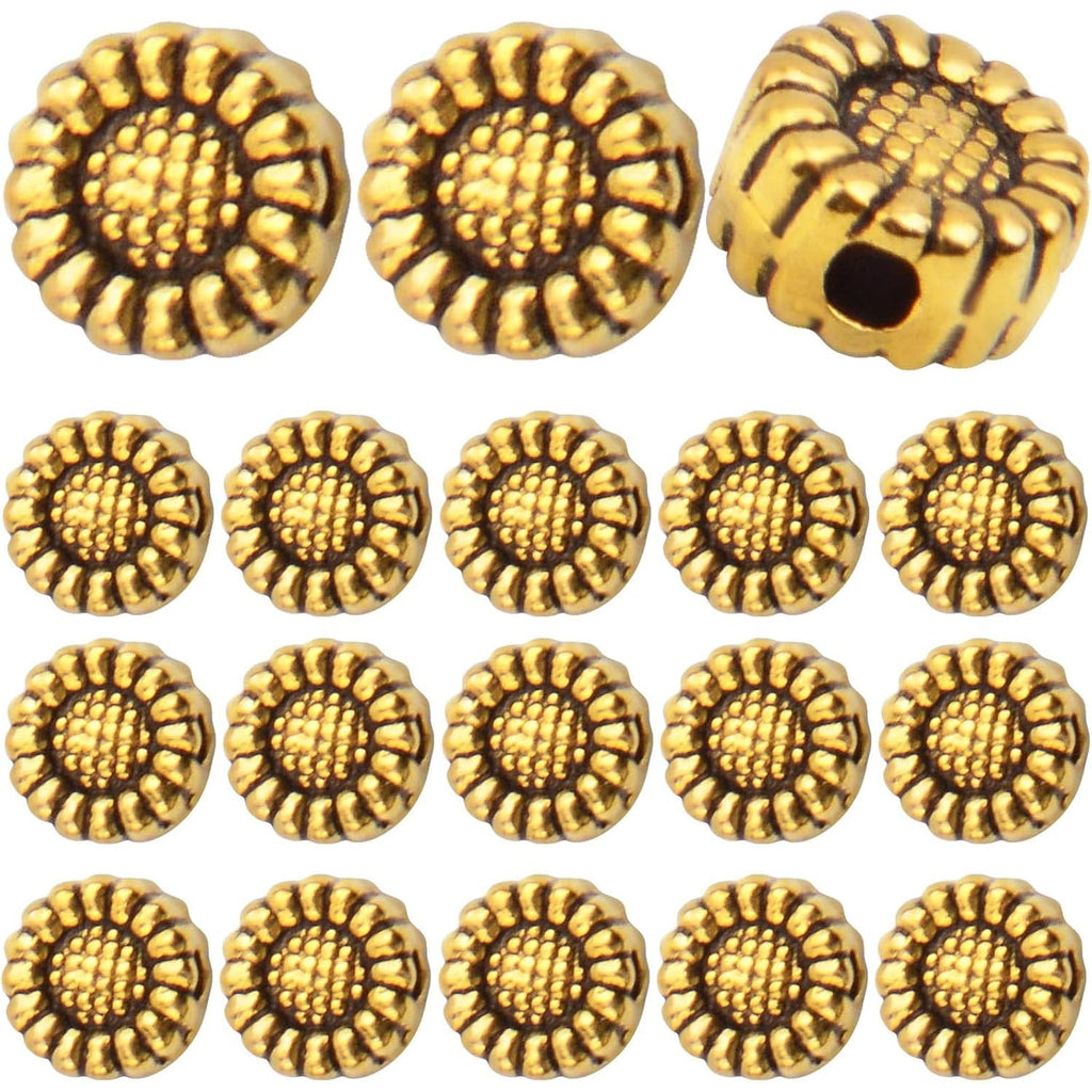 100pcs Antique Silver Sunflower Spacers Beads Tibetan Alloy Flower Bead Spacer Charm Beads Loose Bead Spacers for DIY Bracelet Necklace Jewelry Crafts Making Accessories