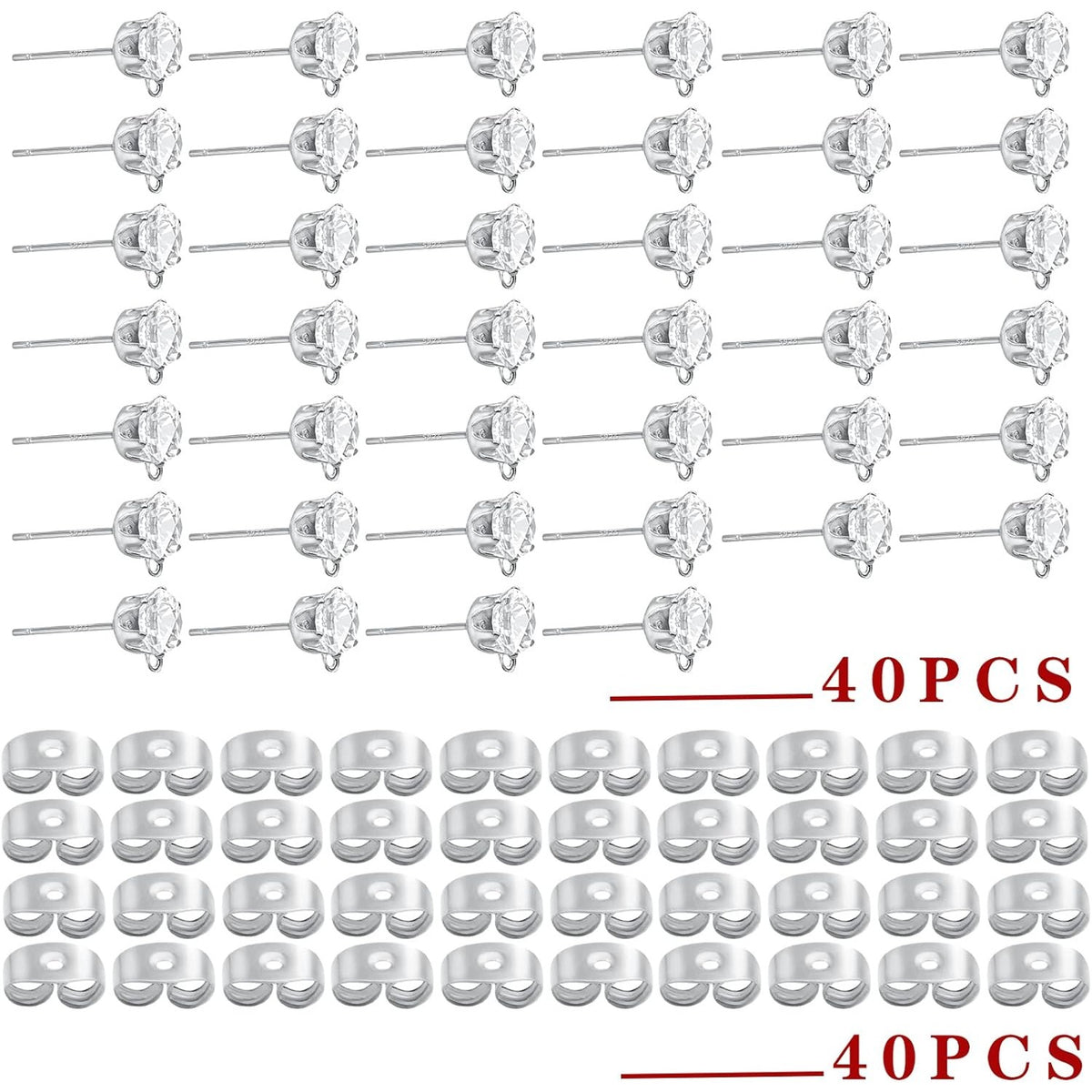 40pcs Crystal Rhinestone Earring Posts with Loop Cubic Zirconia Stud Earrings and 40pcs Earring Stoppers for DIY Jewelry Making Party Favor Gifts