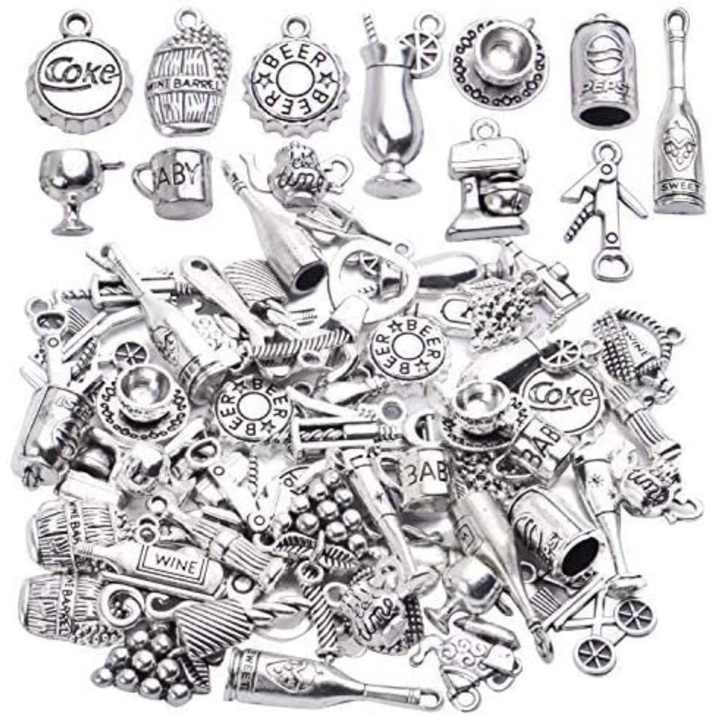 56pcs Silver Wine Bottle Charm Pendants Alloy Cup Glass Opener Grape Wine Charms Jewelry Making Accessories for DIY Necklace Bracelet Earrings Crafts, 28 Styles