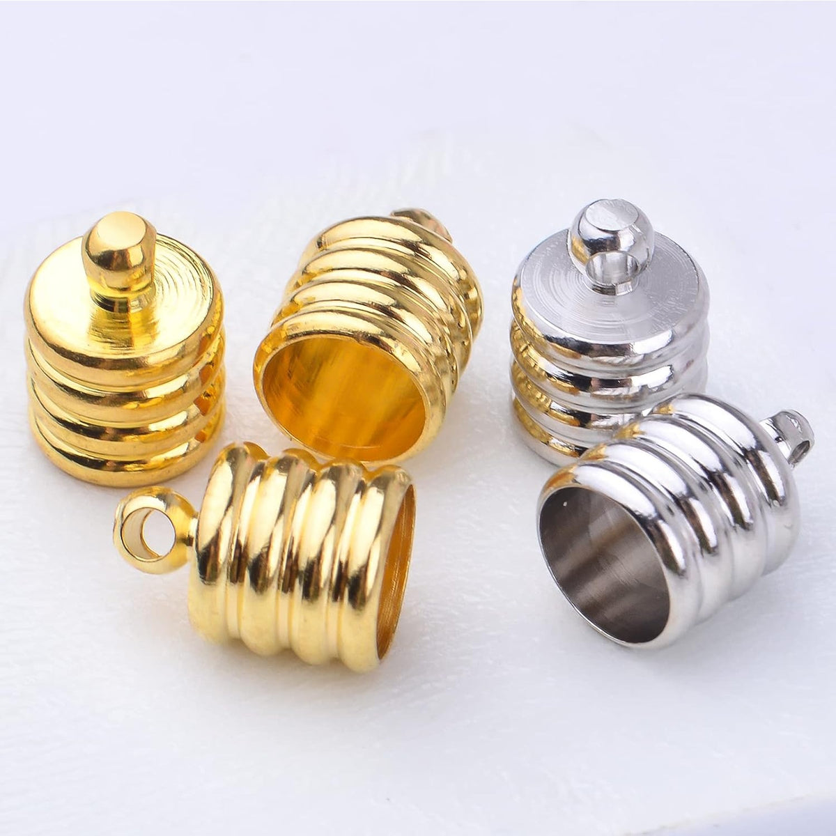 50pcs Brass Cord End Caps Glue-in Barrel End Caps Fasteners Necklace Cord Tassel Leather Cord Ends Terminators Clasps for DIY Bracelet Crafts Jewelry Making, Golden, Silver