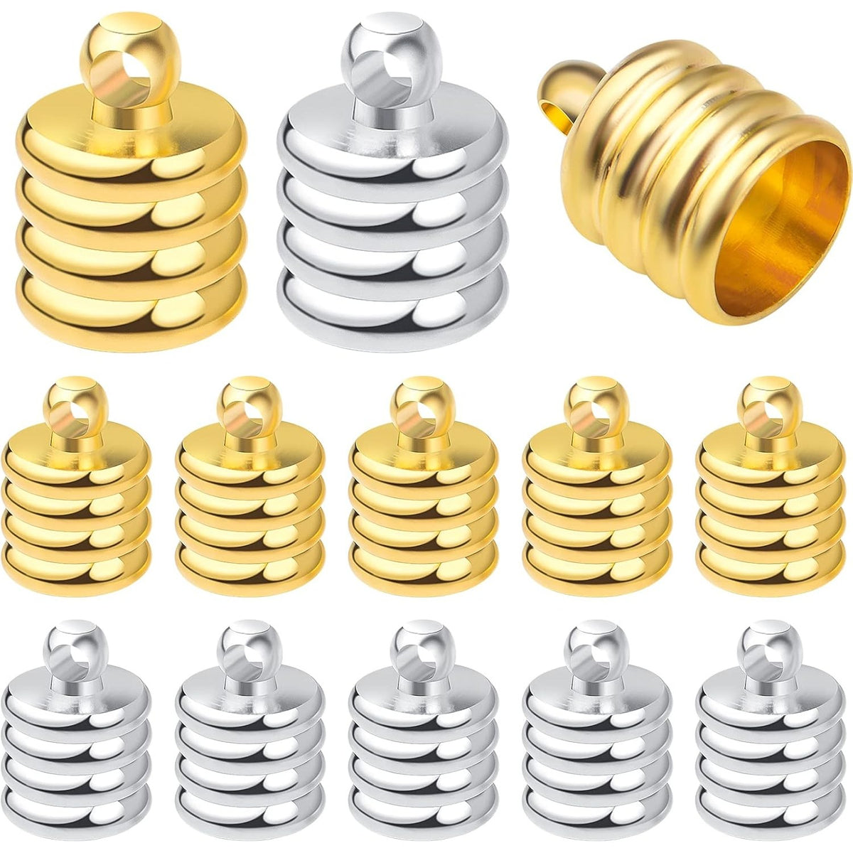 50pcs Brass Cord End Caps Glue-in Barrel End Caps Fasteners Necklace Cord Tassel Leather Cord Ends Terminators Clasps for DIY Bracelet Crafts Jewelry Making, Golden, Silver