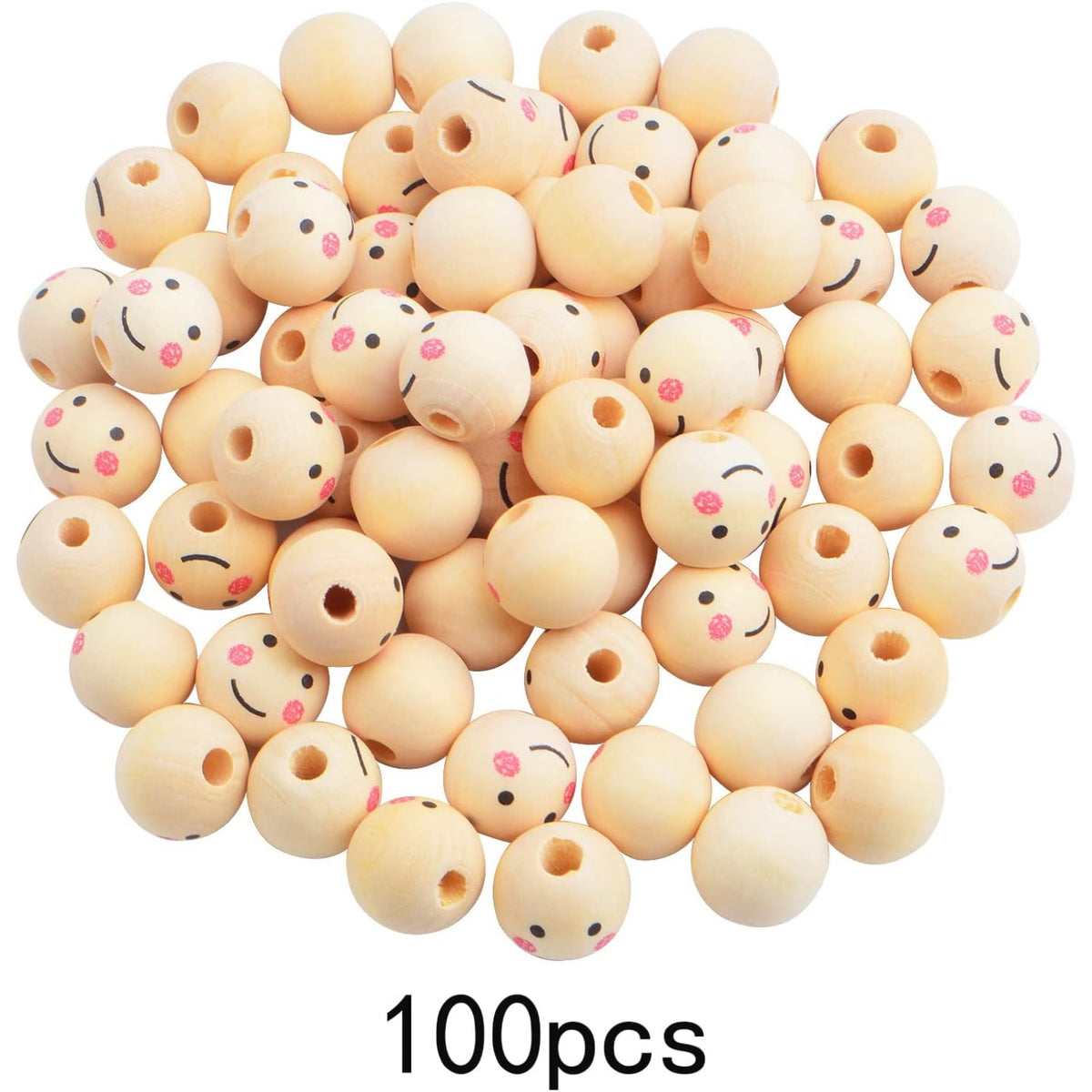 100pcs 16 mm Smile Face Natural Wood Beads Round Ball Smiley Wooden Spacer Beads Head Loose Crafts Beads for DIY Jewelry Making Chiristmas Tree Wreath Decoration, Hole: 4 mm