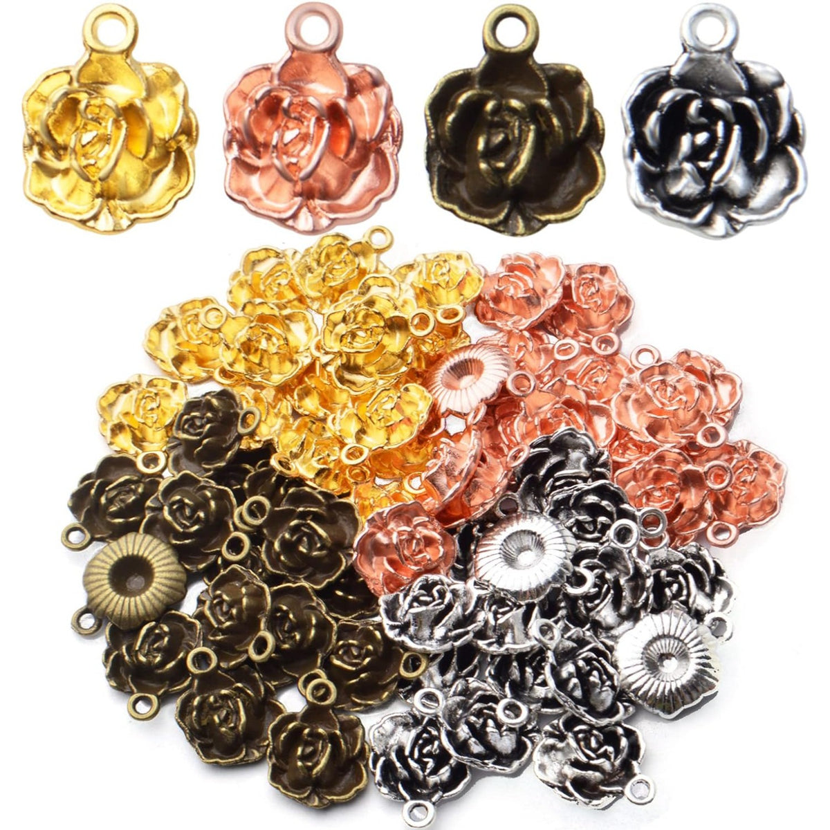 60pcs Rose Pendant Charm Tibetan Alloy Rose Flower Charms Pendants Flower Bead Charms DIY Earrings Bracelet Necklace Jewelry Making for Birthday Valentine's Gifts,4 Colors