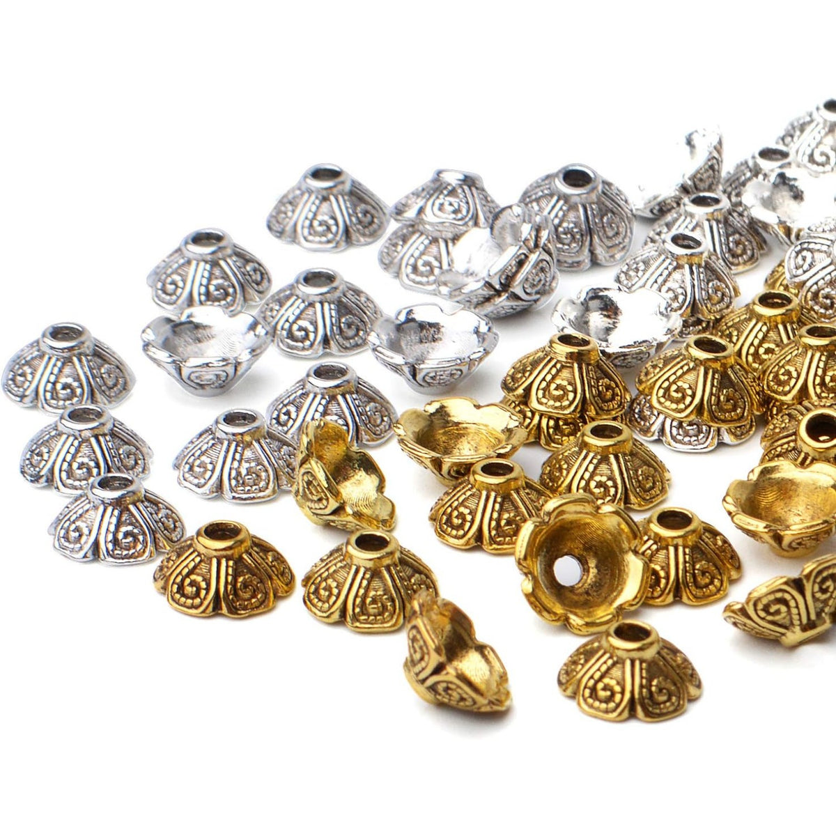 100pcs 9mm Tibetan Style Alloy Flower Caps Spacer Bead Caps Flower Beads End Caps Spacer Caps with A Box for DIY Jewelry Crafts Making(Antique Silver and Antique Gold)