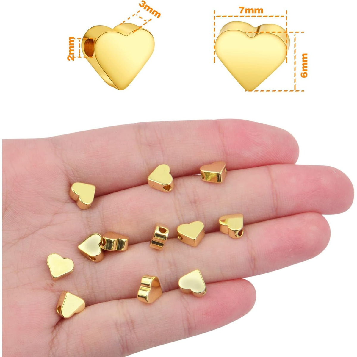 100pcs Golden Plated Heart Beads Alloy Love Heart Charm Spacer Beads Handmade Loose Beads for DIY Necklace Bracelet Crafts Jewelry Making,7x6mm,Hole:2mm