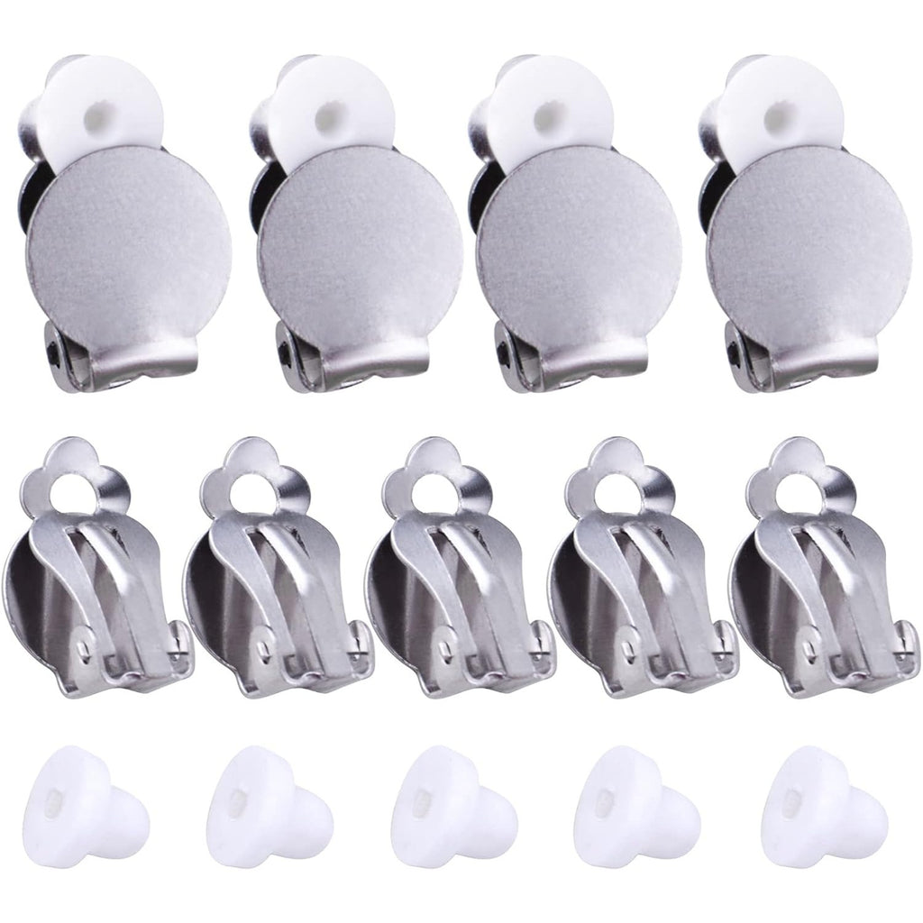 20pcs Round Flat Back Tray Earring Clips Stainless Steel Non-Pierced Earrings Converter Components with 20pcs Silicone Earring Findings Pad Base for DIY Jewelry Making