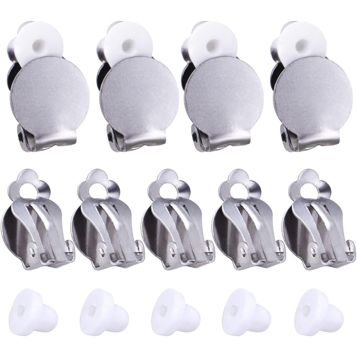 20pcs Round Flat Back Tray Earring Clips Stainless Steel Non-Pierced Earrings Converter Components with 20pcs Silicone Earring Findings Pad Base for DIY Jewelry Making