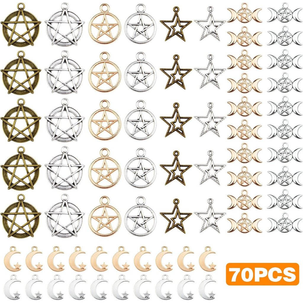 70pcs Mixed Pentacle Star Charms Moon Pentagram Witch Magic Pendants Vintage Alloy Protection Lucky Charms for DIY Necklace Bracelet Earrings Jewelry Making and Crafting