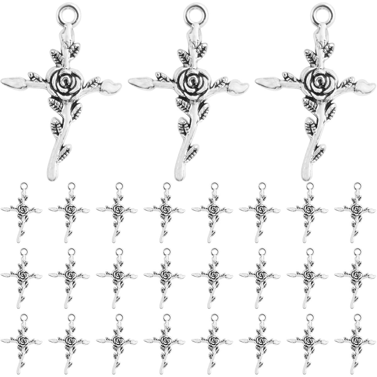 50pcs Antique Silver Cross Rose Flower Charms Vintage Alloy Cross Crucifix Shape with Flower Dangle Pendants Craft Supplies for DIY Necklace Bracelet Keychains Jewelry Making
