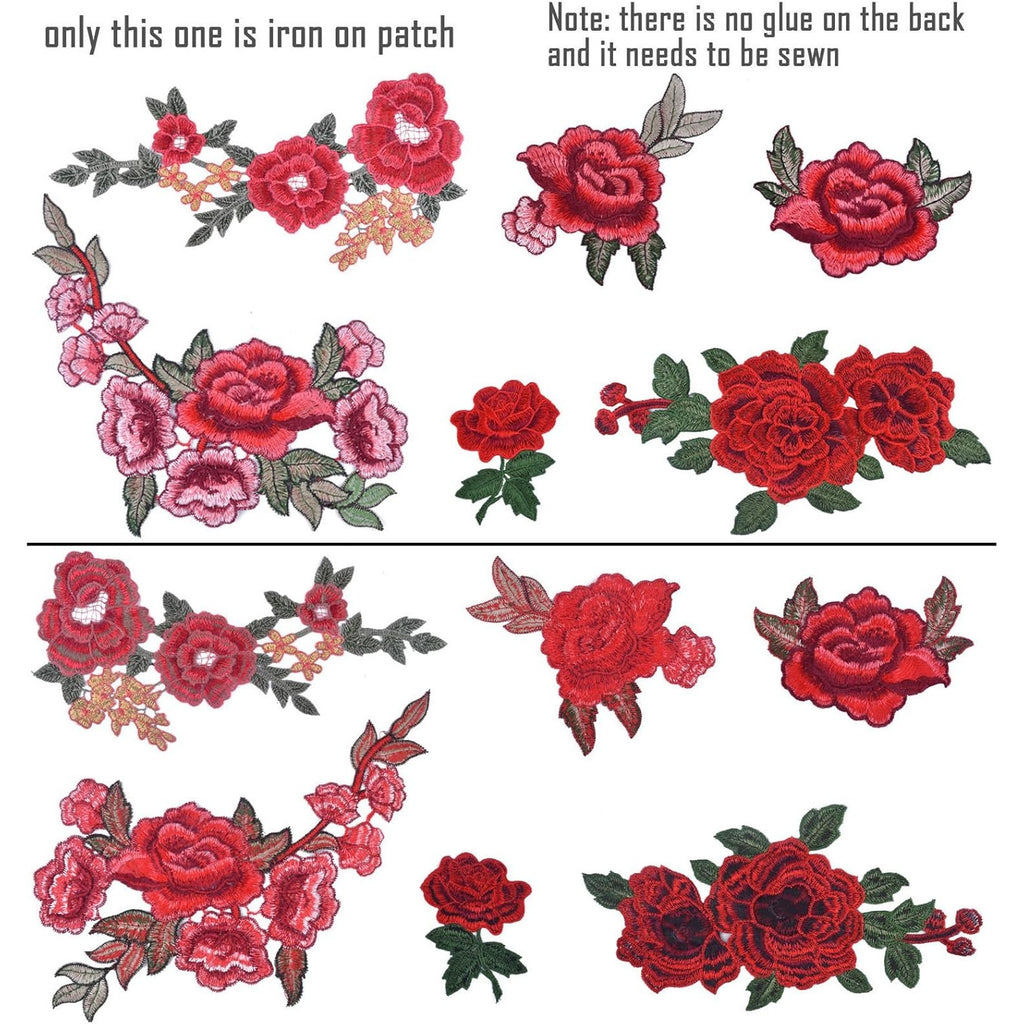 12 Pieces 6 Pairs Embroidered Patches Various Rose Flower Sew on Patch for DIY Art Craft,Clothings,Jeans