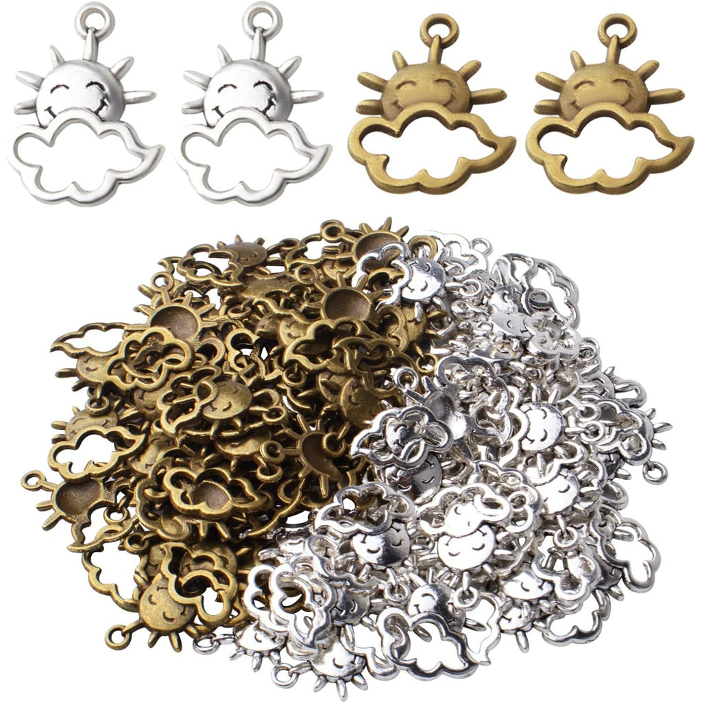 100pcs Celestial Sun Cloud Charms Alloy Jewelry Charm Pendants for DIY Necklace Bracelet Jewelry Crafts Making,Antique Silver and Antique Bronze