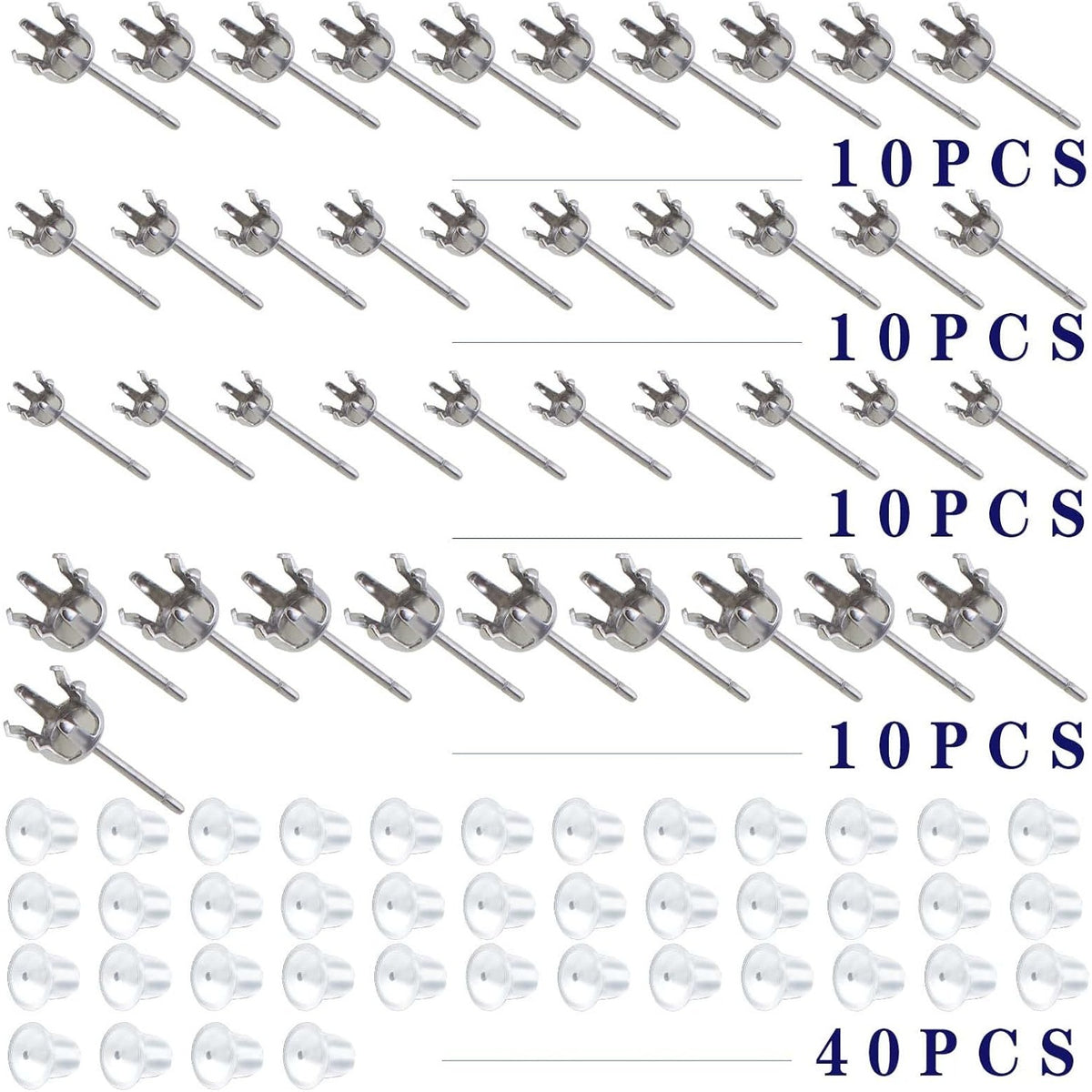 40pcs Stainless Steel Earring Posts Hypoallergenic Crown Piercing Earring Studs and 40pcs Clear Bullet Earring Backs for Women Girls DIY Dangle Jewelry Making, 4 Sizes