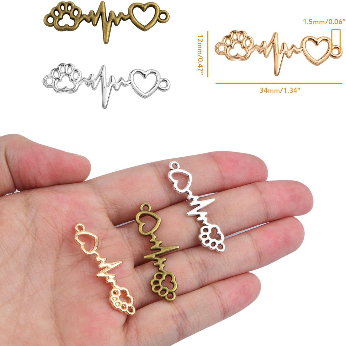 60pcs Dog Paw Print Heart Beating Charm Connectors Vintage Alloy Animal Footprint Lifeline Pulse Heartbeat Pendant Links for DIY Bracelet Necklace Jewelry Craft Making, 3 Colors