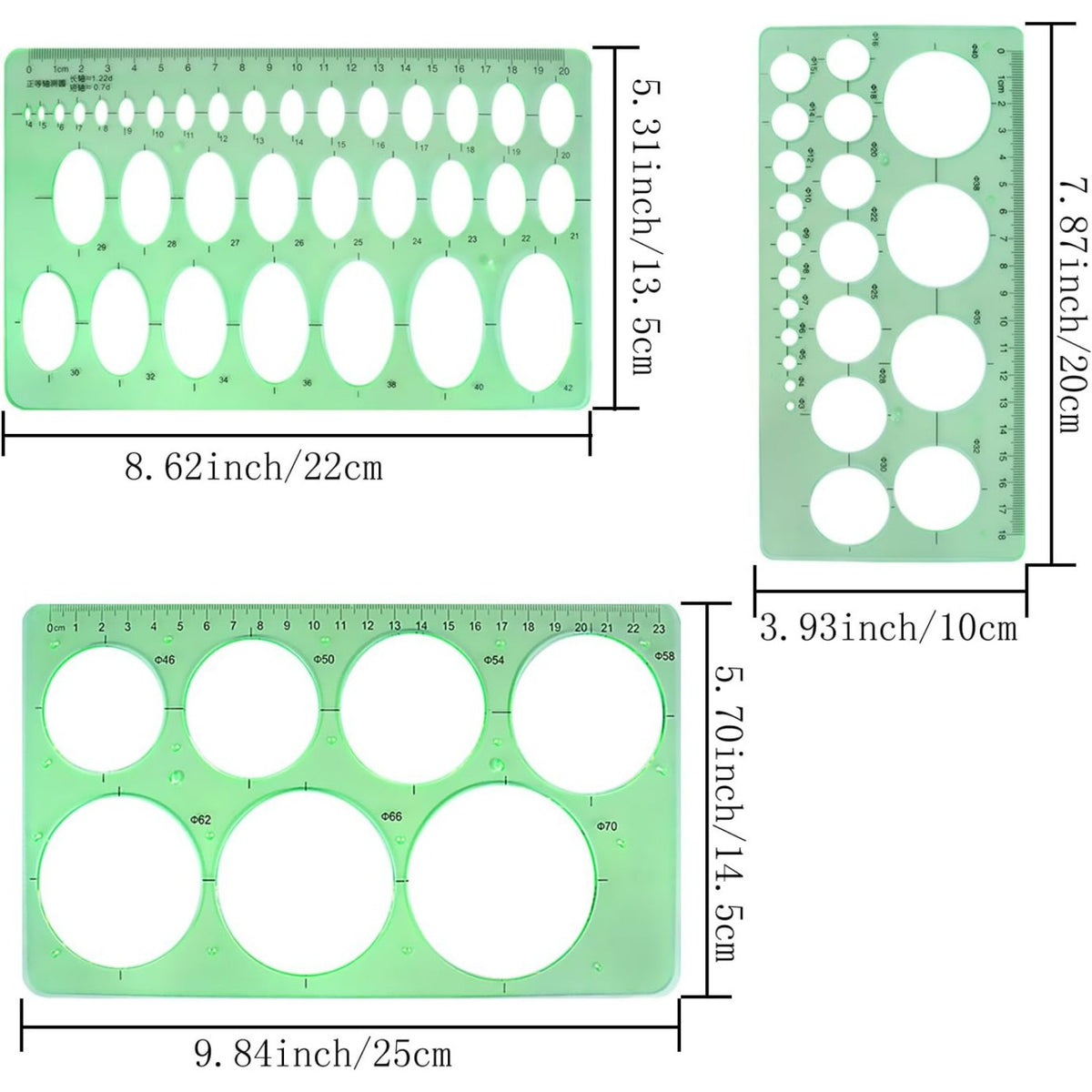 3pcs Circle Stencils Oval Stationery Template Plastic Measuring Templates Geometric Rulers Set for Drafting, Drawing(Clear Green)