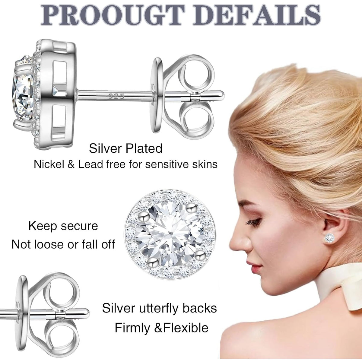 3 Pairs CZ Halo Stud Earrings Sterling Silver Plated Round Square Teardrop Cubic Zirconia Diamond Earring Posts for Women Men Sensitive Ears Anniversary Wedding Party Gift