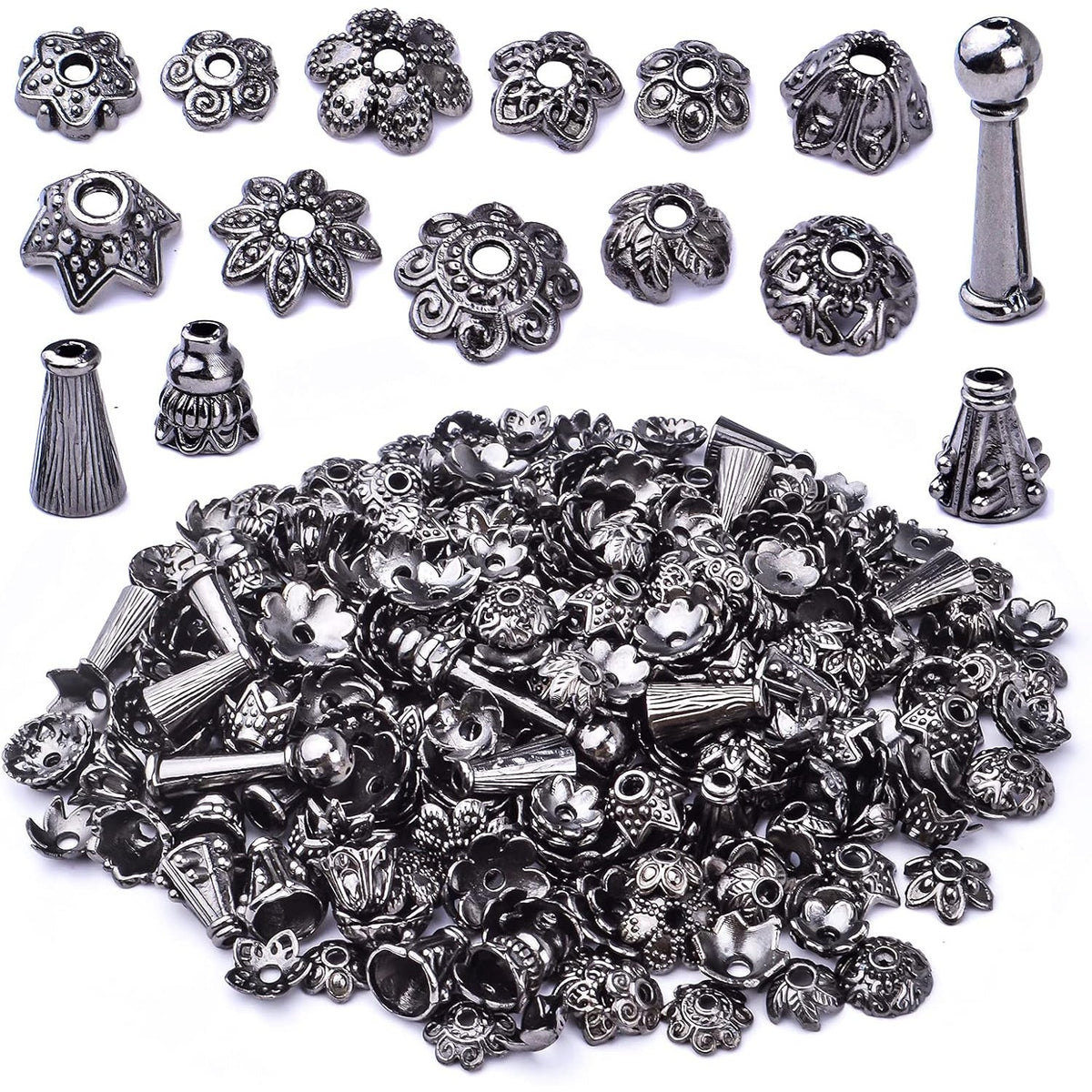 100 Gram Gun Black Flower Bead Caps Tibetan Alloy Mixed Styles Spacer Beads Caps End Caps Craft Supplies for DIY Earrings Bracelet Necklace Jewelry Making Accessories