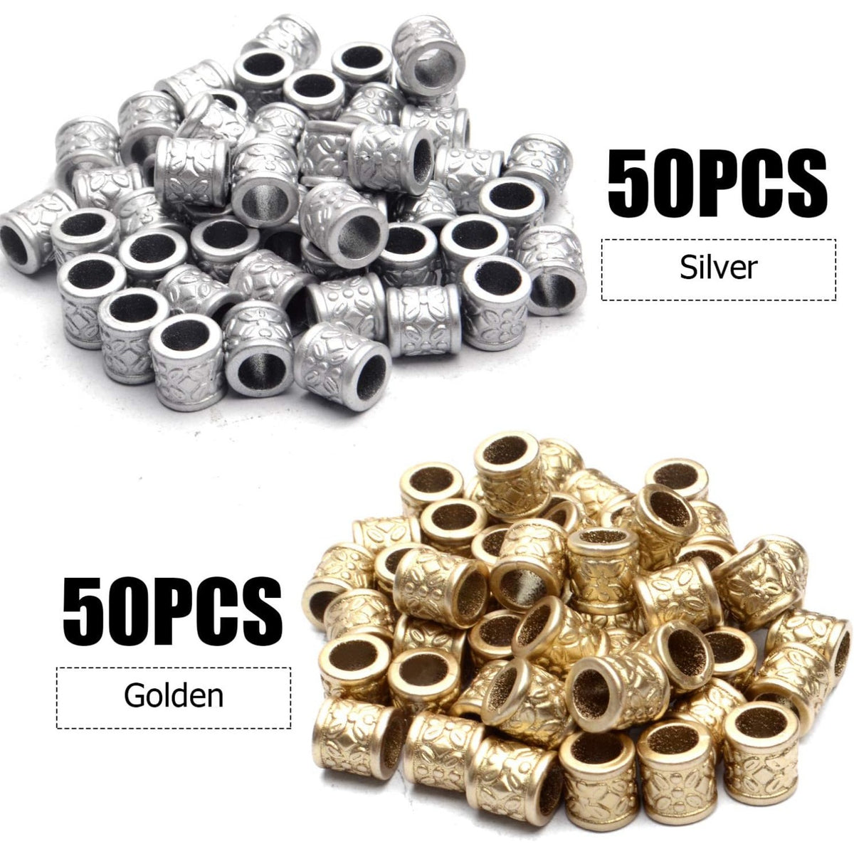 Hair Tube Beads,100pcs Golden and Silver Hair Dreadlock Beads Plastic Braid DIY Beads Large Hole Beads for Men Women Hair Beard Moustache Decoration,9x9x6mm