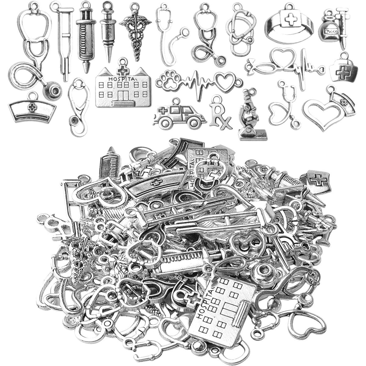 100g Crafts Supplies Antique Silver Medical Charms Alloy Hospital Charms Stethoscope Syringe Nurse Cap Hat Microscope Charm Pendants for Bracelet Necklace DIY Jewelry Making