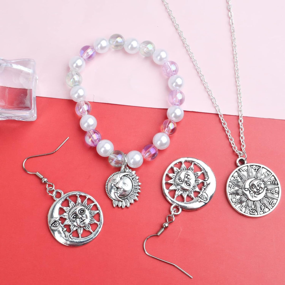 30pcs 3 Styles Sun and Moon Charms Vintage Alloy Sun Smile Face Pendants Celestial Dangle Charms for DIY Necklace Crafts Jewelry Making, Antique Silver