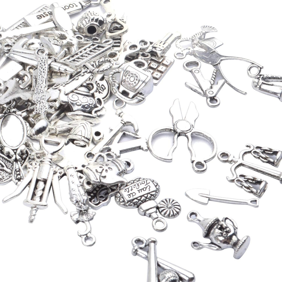 60pcs Silver Home Tools Charms Mixed Styles Vintage Pendants Jewelry Charm Connector Craft Supplies for DIY Necklace Bracelet Making and Crafting