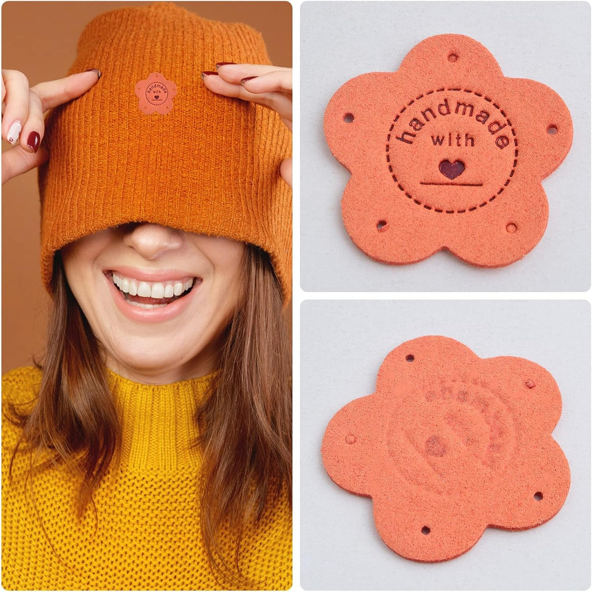 45pcs Colorful Handmade Labels Microfiber Knit Crochet Labels Clothing Embossed Handmade Tags with Holes Embellishments for Jeans Bags Hats Clothing Sewing Craft Decor, 3 Shapes