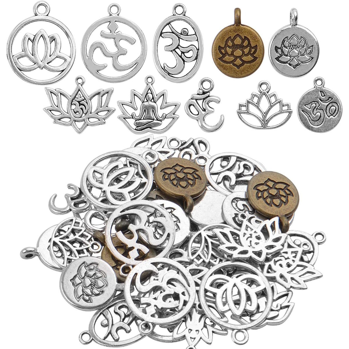 50pcs Antique Yoga OM Lotus Flower Styles Charms Mixed Pendants Findings for Jewellery Making Necklace Bracelet Crafts,10 Styles
