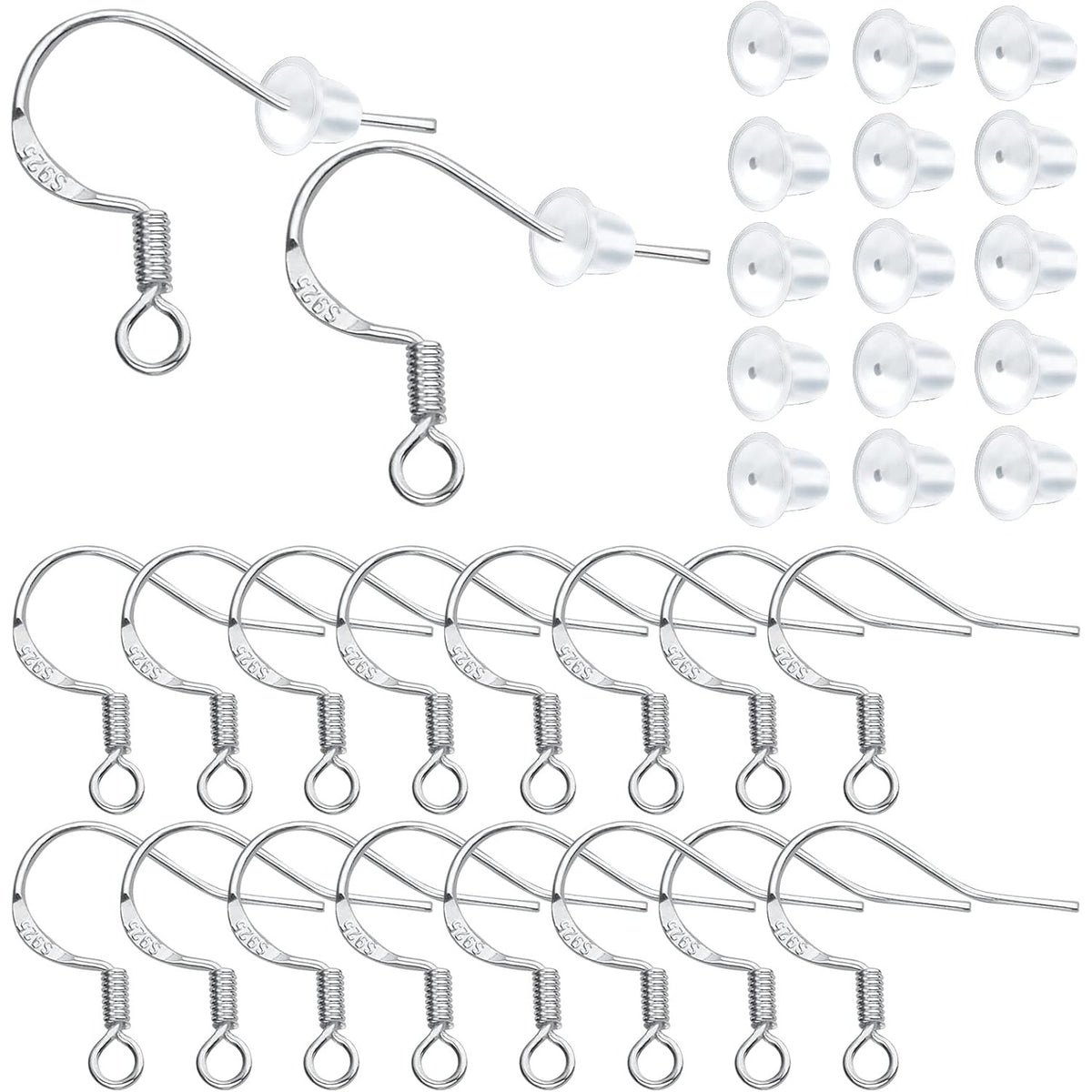 50pcs 925 Sterling Silver Earring Hooks Hypoallergenic Earwire Fish Hooks and 50pcs Silicone Clear Earring Safety Backs for DIY Earring Jewelry Making Supplies