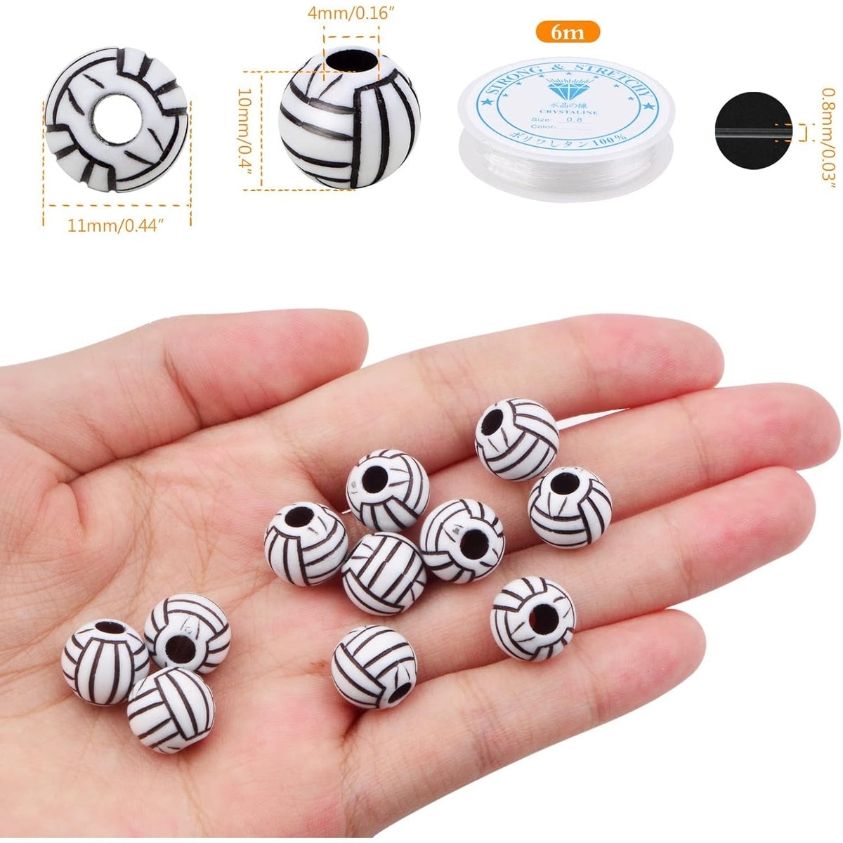 120 Pieces Volleyball Spacer Beads Acrylic Sport Ball Beads with Large Hole and A Roll of Elastic Crystal String for DIY Necklace Bracelet Keychains Hair Ties Crafts