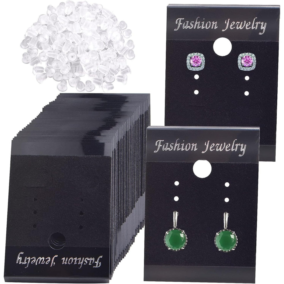 100pcs Black Earring Display Cards Velvet Plastic Earring Card Holders and 200pcs Clear Bullet Earring Backs for Ear Studs Jewelry Accessory Displaying, 3.7 x 5 cm