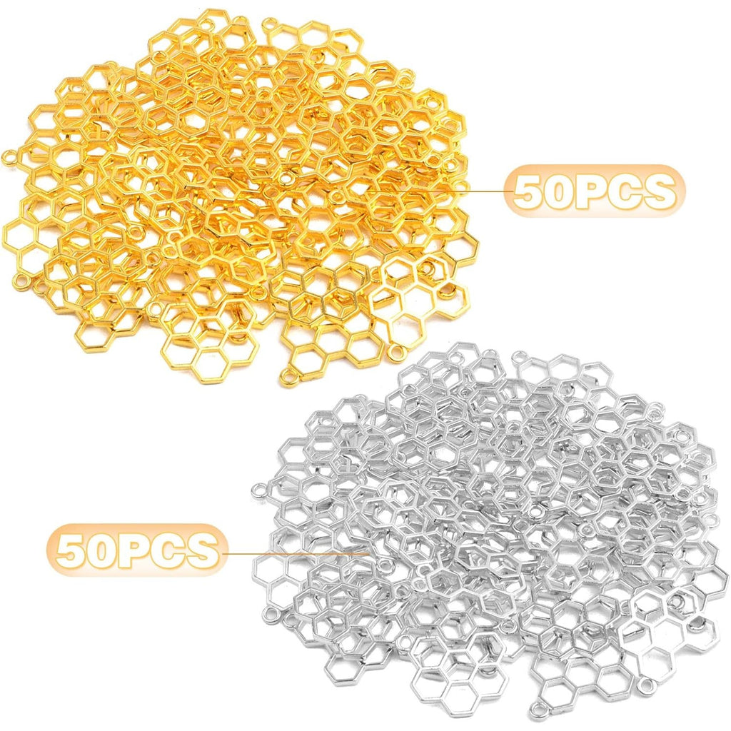 100 Pieces Hollow Frame Honeycomb Charms Alloy Blank Open Back Bezel Pendants Charms for DIY Necklace Bracelet Jewelry Making Resin Crafts, 2 Colors