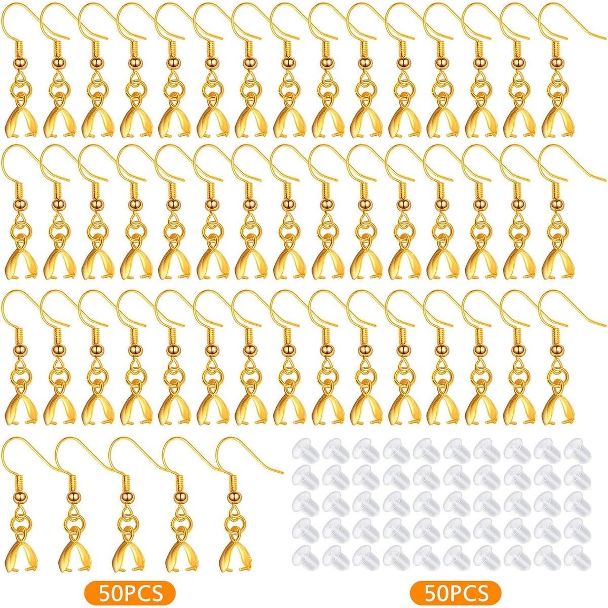 50pcs Brass French Earring Hooks Hypoallergenic Ear Wire Ball Fish Hooks with Pendant Clasps and 50pcs Clear Silicone Earring Backs for DIY Earrings Jewelry Making, Golden