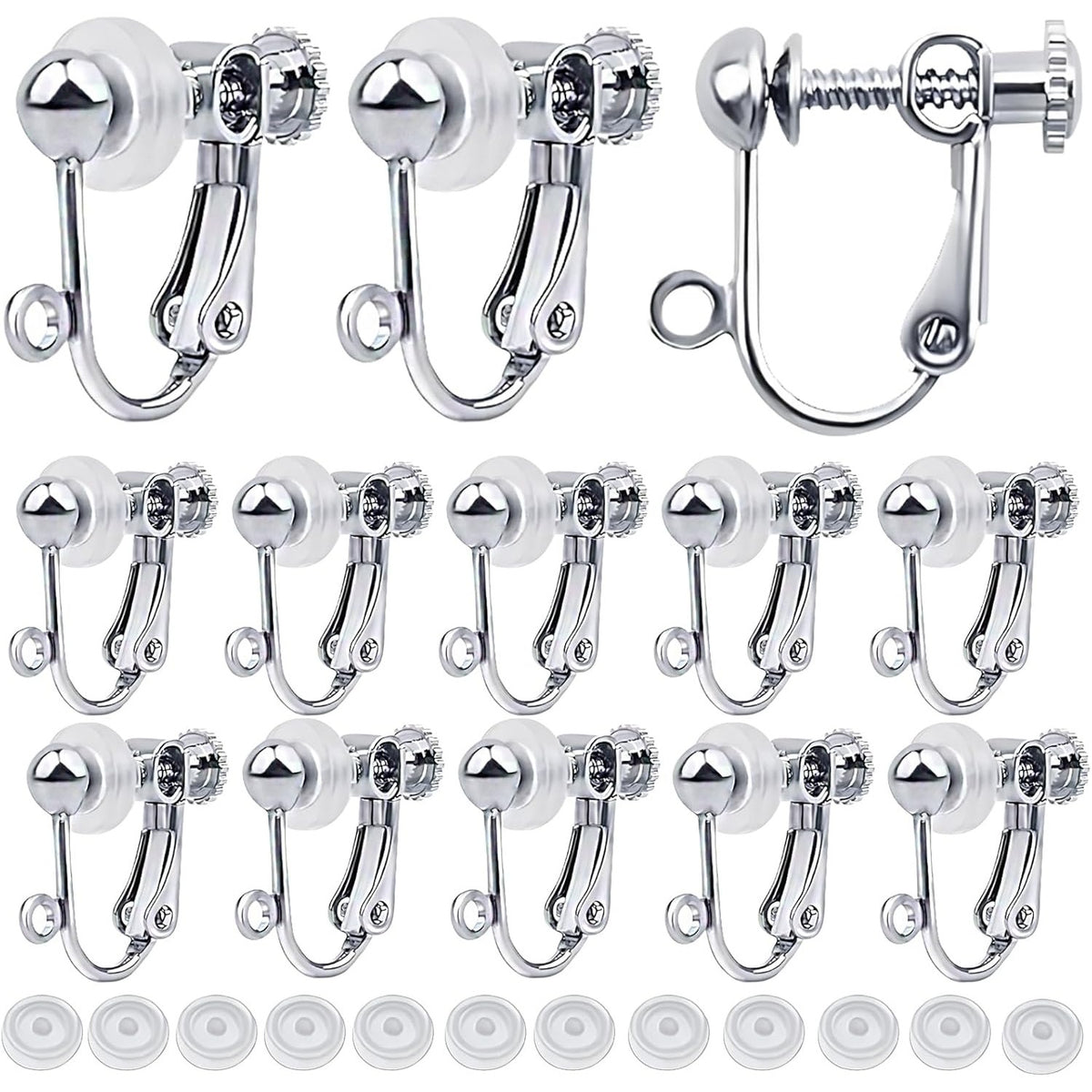 12pcs Sterling Silver Plated Clip-on Earring Converters Brass Screw Back Non Pierced Ear Clips Components with Loop and 12pcs Anti-Pain Pads for DIY Earrings Jewelry Making