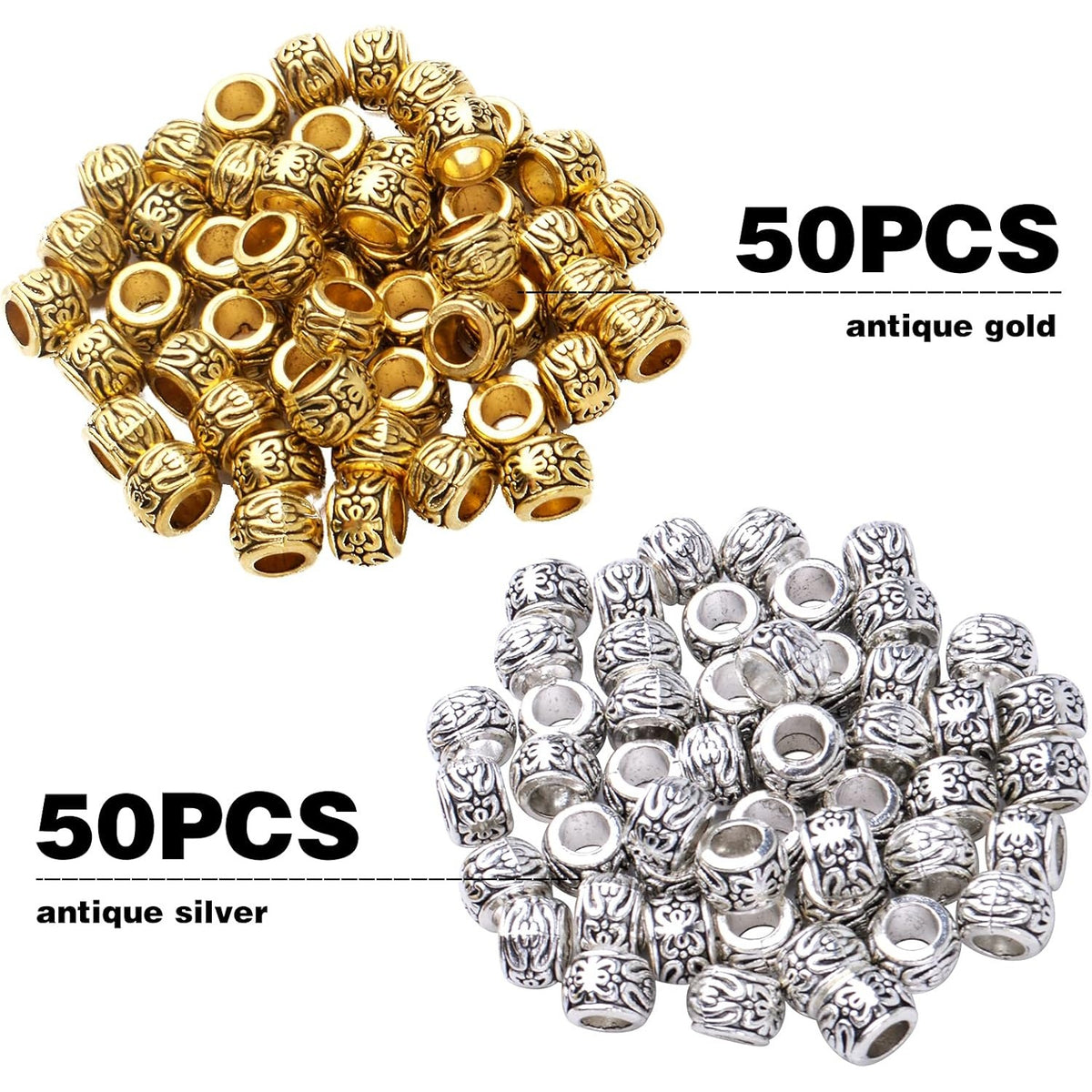 100pcs Barrel Spacer Beads European Large Hole Beads Tibetan Alloy Column Loose Charm Beads with Exotic Patterns for DIY Bracelet Crafts Jewelry Making Supplies, 2 Colors, Hole: 4 mm