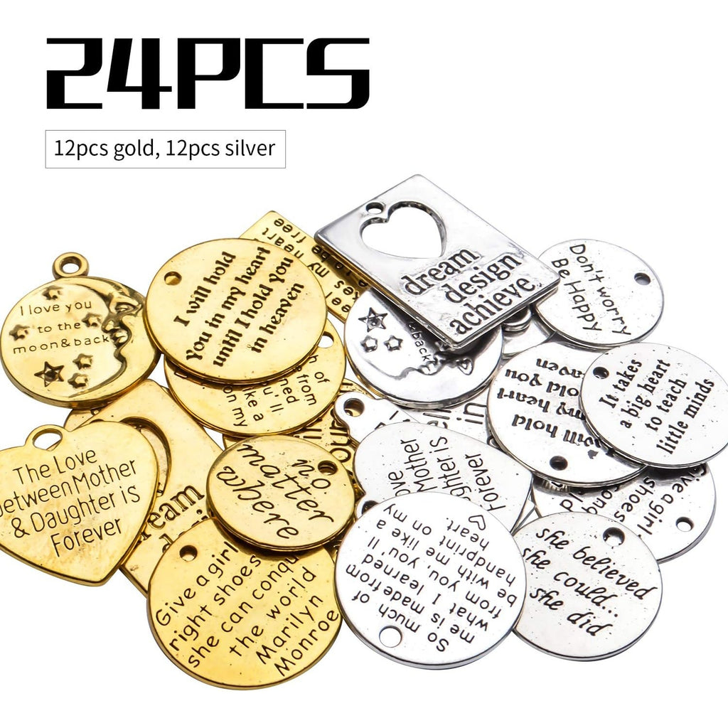 24pcs Inspirational Words Charms Engraved Motivational Charms Pendants Mixed Inspirational Message Pendants Jewelry Craft Supplies for DIY Jewelry Making