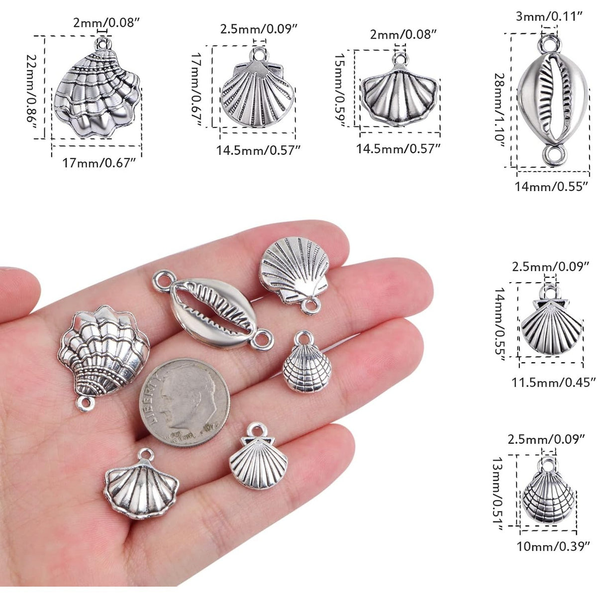 60pcs Antique Silver Sea Shell Charms Vintage Alloy Seashell Shape Ocean Life Dangle Pendants Craft Supplies for DIY Jewelry Making Birthday Party Gifts, 6 Styles