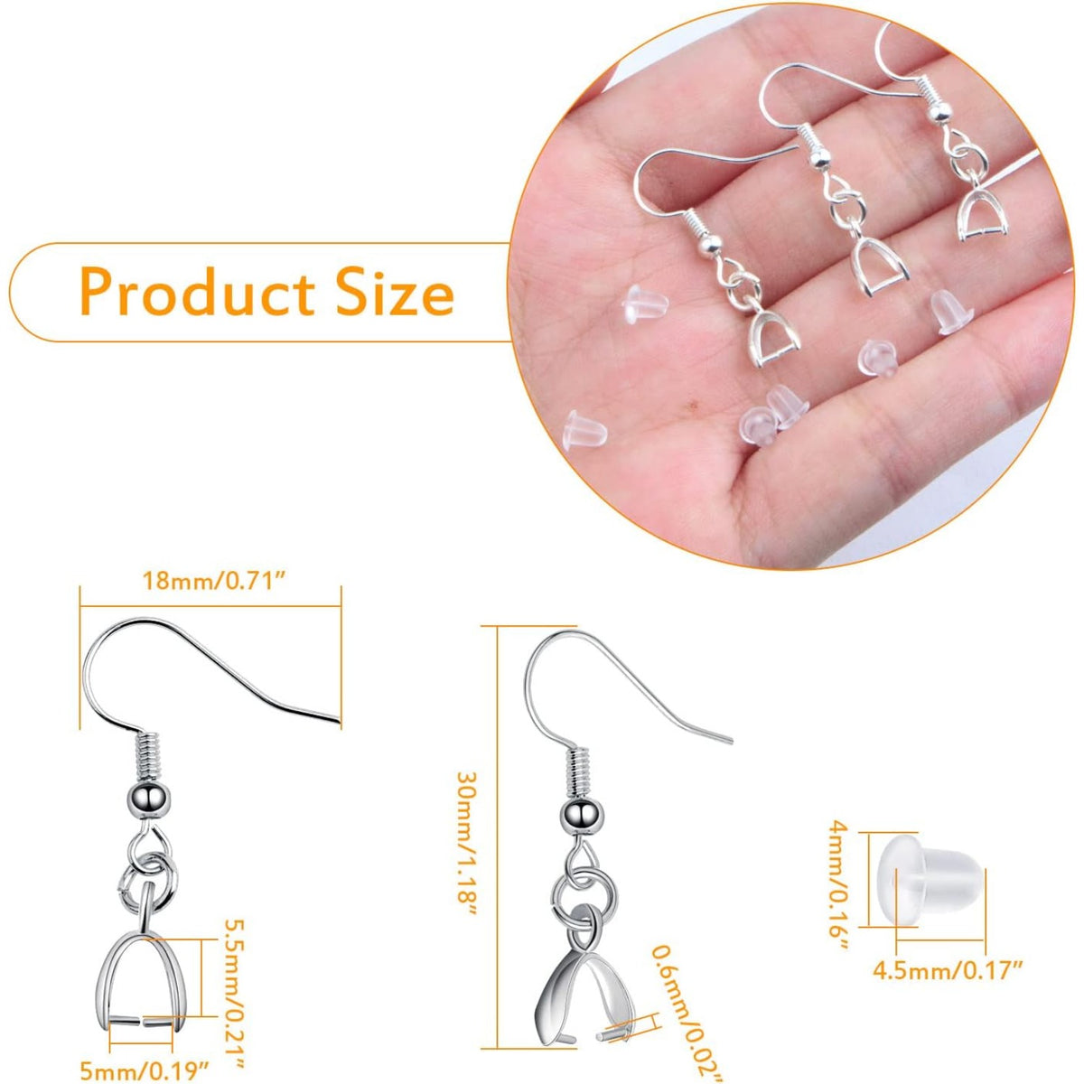 50pcs Brass Earring Fish Hooks Hypoallergenic French Earwire Hooks with Pinch Bail Clasps and 50pcs Clear Earring Backs Stoppers for DIY Earrings Making Supplies, Silver