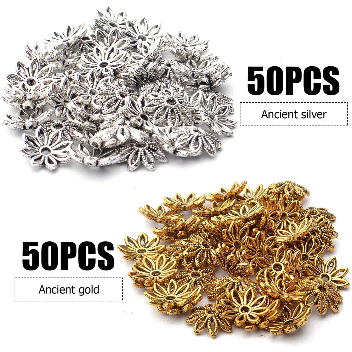 100pcs 10mm Flower Bead End Caps Tibetan Alloy Filigree Flower Caps Hollow Bead Caps Jewelry Spacer Caps for Bracelet Necklace Earring Jewelry Crafts Making